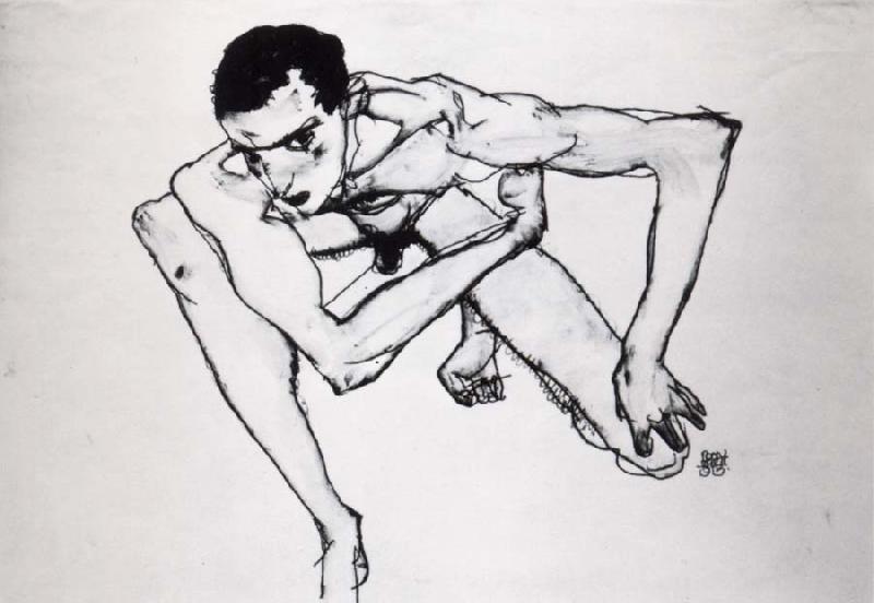 Egon Schiele Self Portrait in crouching position oil painting picture